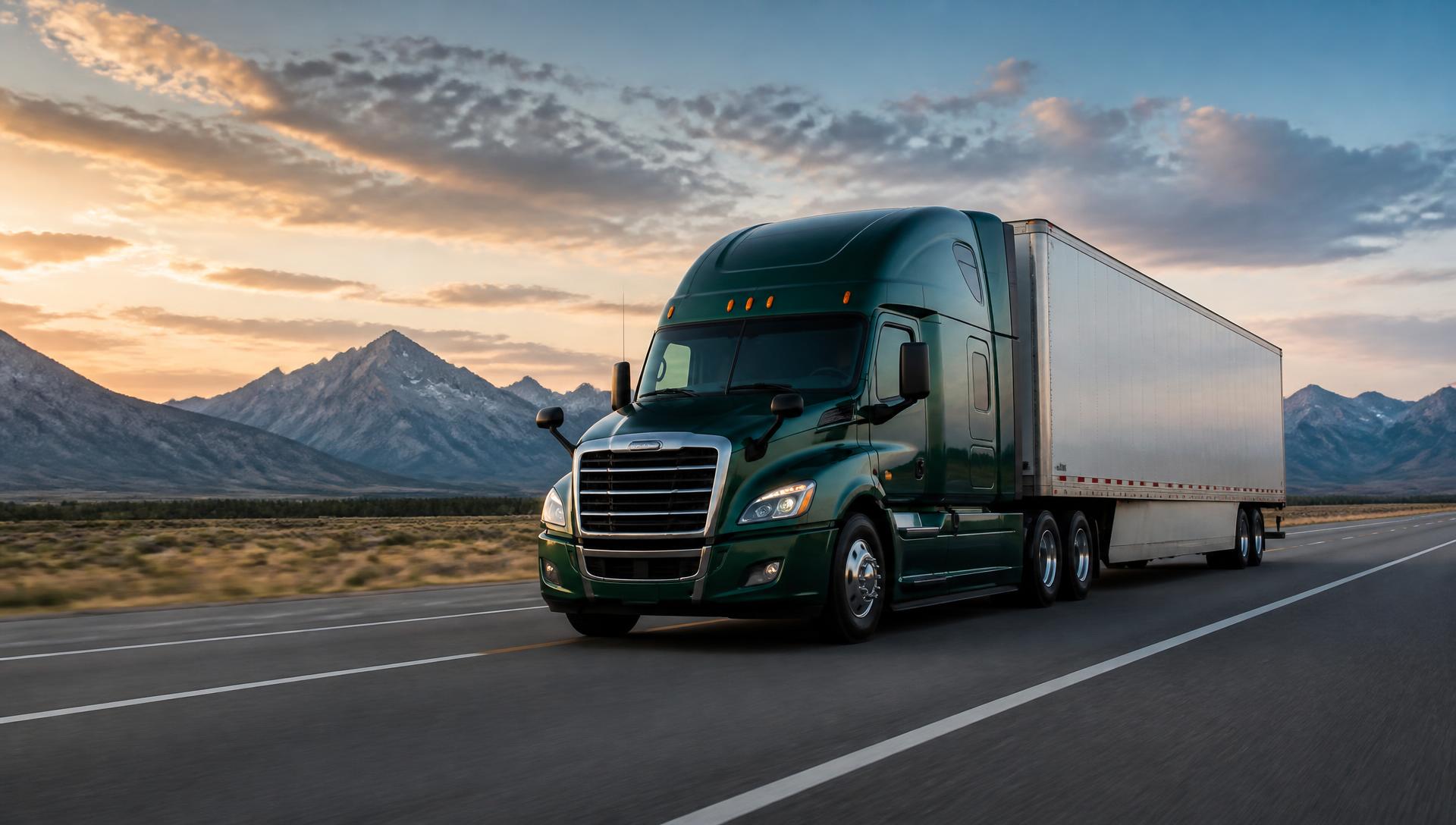 Freightliner Cascadia with a dry-van trailer traveling on a mountain highway